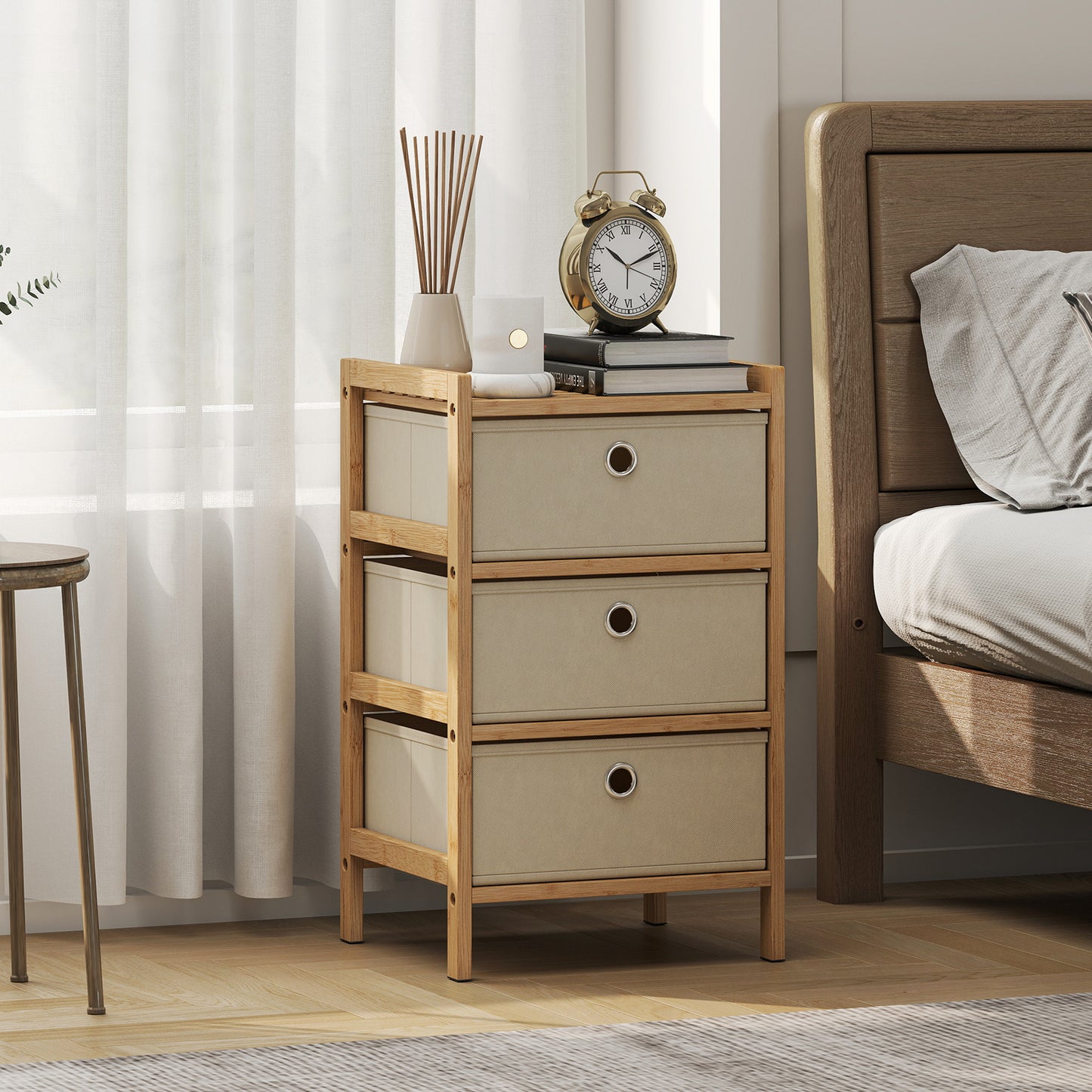 Chest of Drawers, 3 Drawers Dresser with Bamboo Frame, Cream White