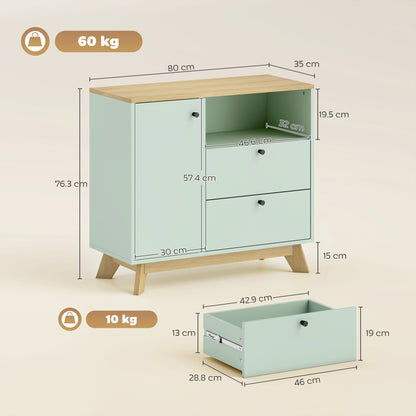 Sideboard, 80 cm Buffet Cabinet with 2 Drawers, Light Green and Oak