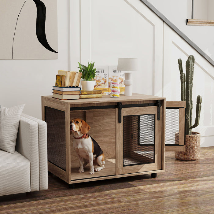 Dog Crate Furniture, Dog Cage End Table with Sliding Barn Door, Dog Pet Kennel for Medium Dogs, 80 x 58.5 x 63cm, Walnut Brown