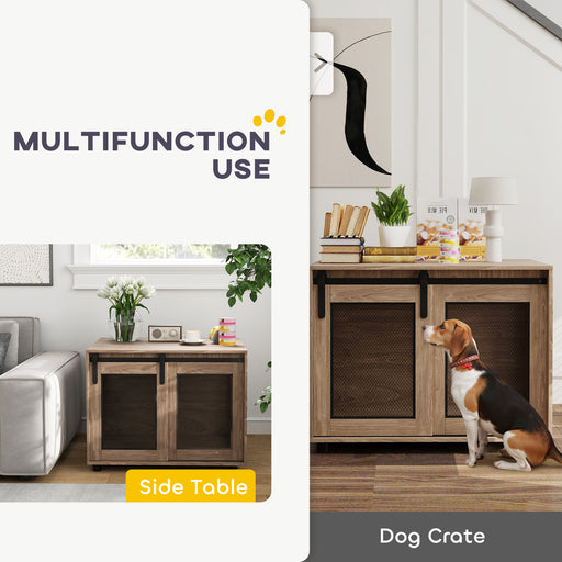 Dog Crate Furniture, Dog Cage End Table with Sliding Barn Door, Dog Pet Kennel for Medium Dogs, 80 x 58.5 x 63cm, Walnut Brown