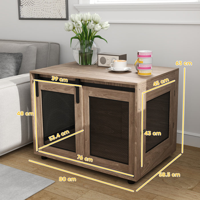 Dog Crate Furniture, Dog Cage End Table with Sliding Barn Door, Dog Pet Kennel for Medium Dogs, 80 x 58.5 x 63cm, Walnut Brown