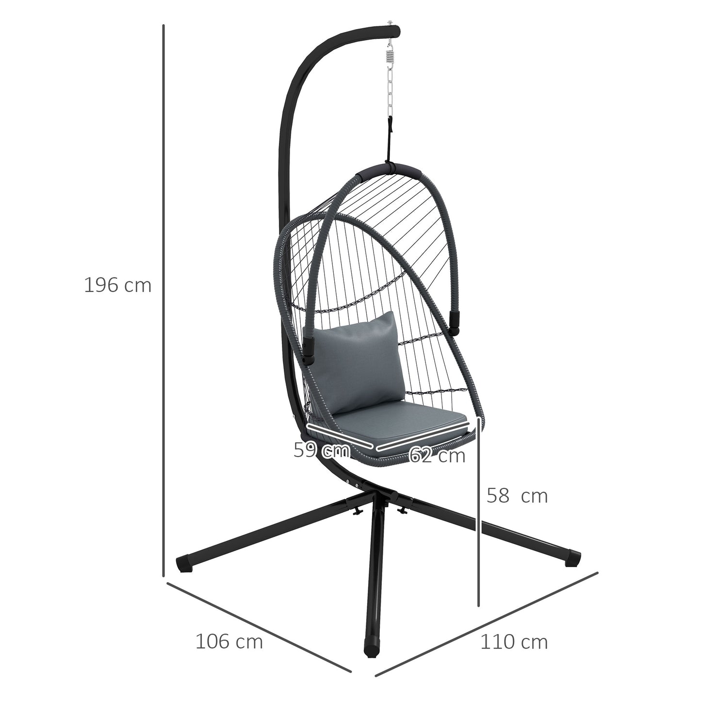Outdoor PE Rattan Swing Chair with Cushion, Foldable Basket Patio Hanging Chair w/ Metal Stand, Rotation Spring Hook, Basket Height