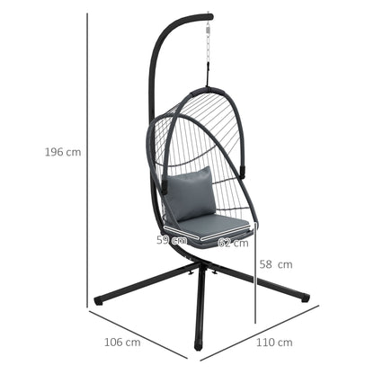 Outdoor PE Rattan Swing Chair with Cushion, Foldable Basket Patio Hanging Chair w/ Metal Stand, Rotation Spring Hook, Basket Height