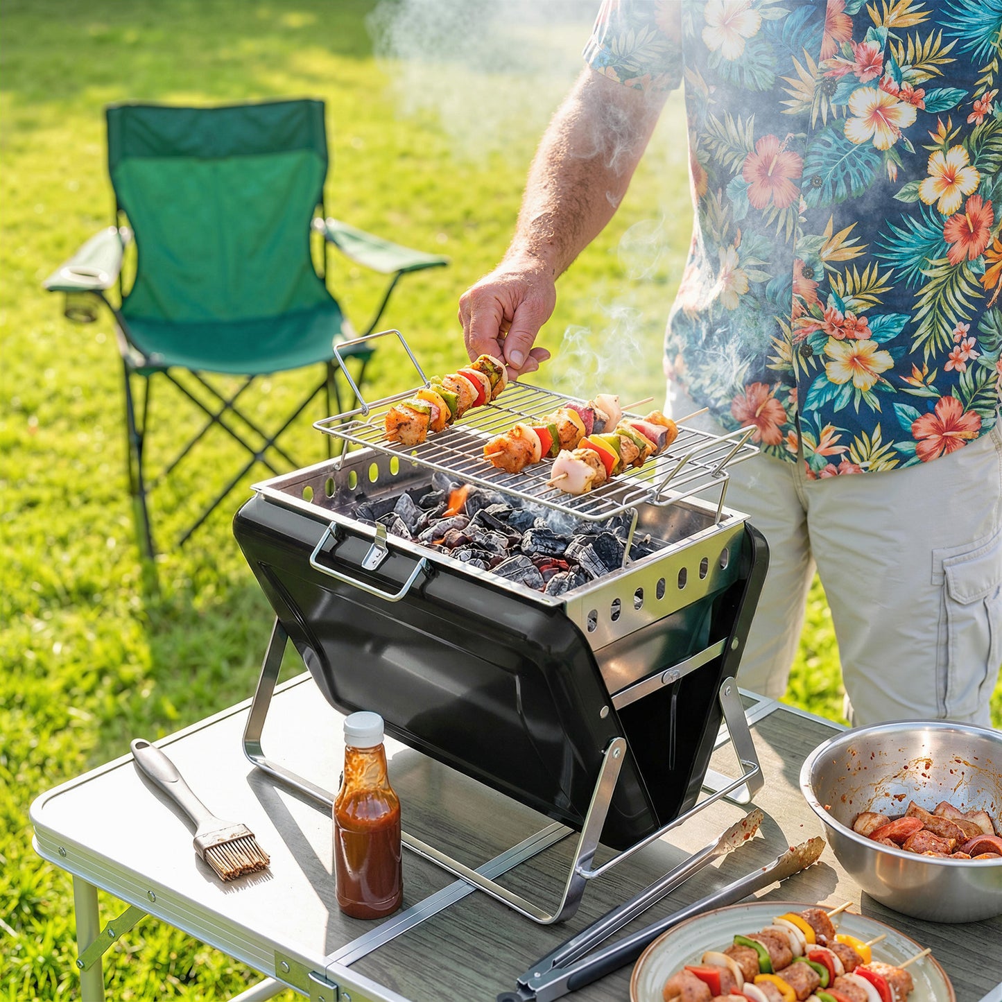 Charcoal BBQ Grill Portable with Tilting Grate Black