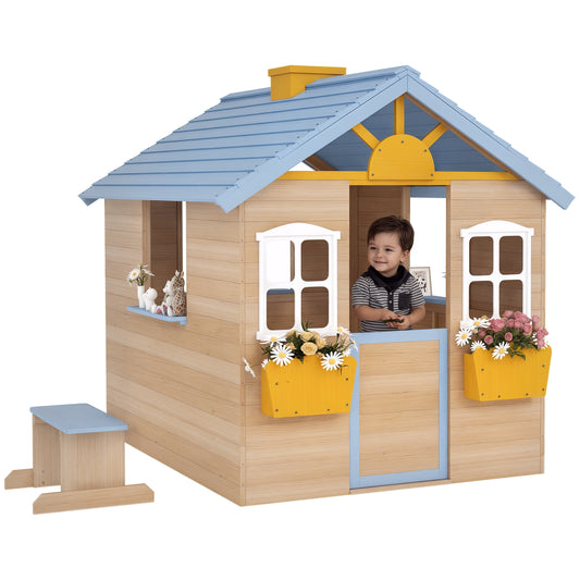 Wooden Kids Playhouse w/ Door, Windows, Bench, For 3-7 Years Blue