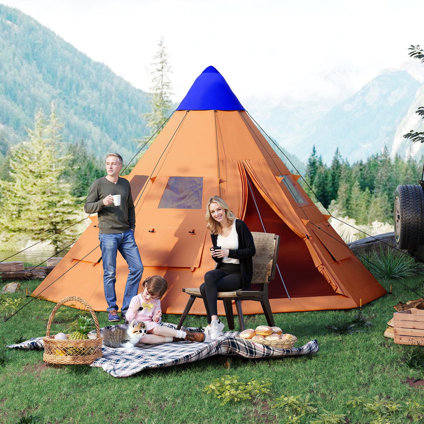 6-7 Person Large Family Party Camping Tent W/ Carrying Bag, Orange