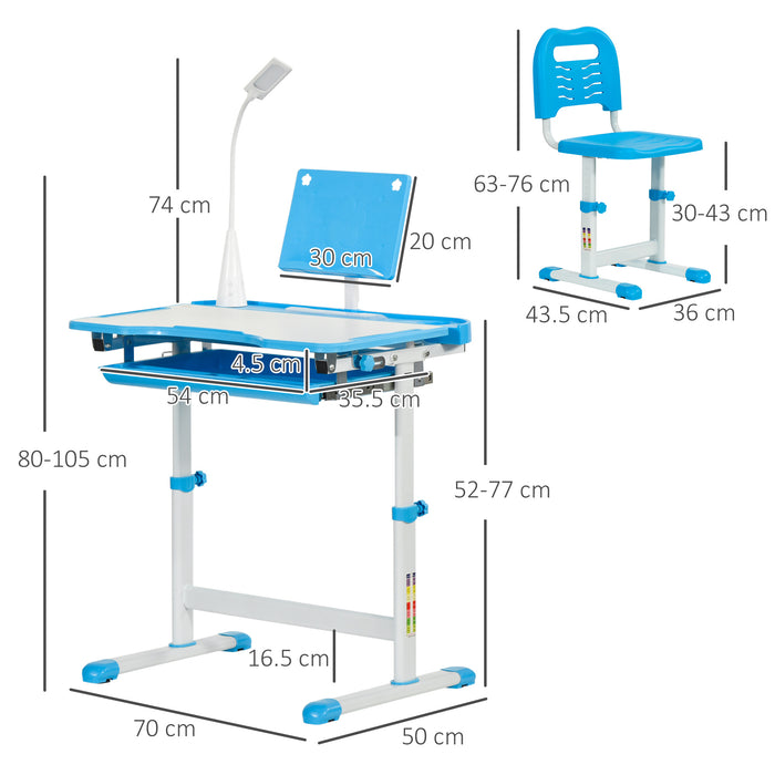 Kids Study Desk and Chair Set w/ USB Lamp, Adjustable Height, Blue