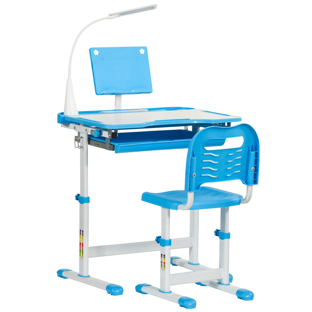 Kids Study Desk and Chair Set w/ USB Lamp, Adjustable Height, Blue