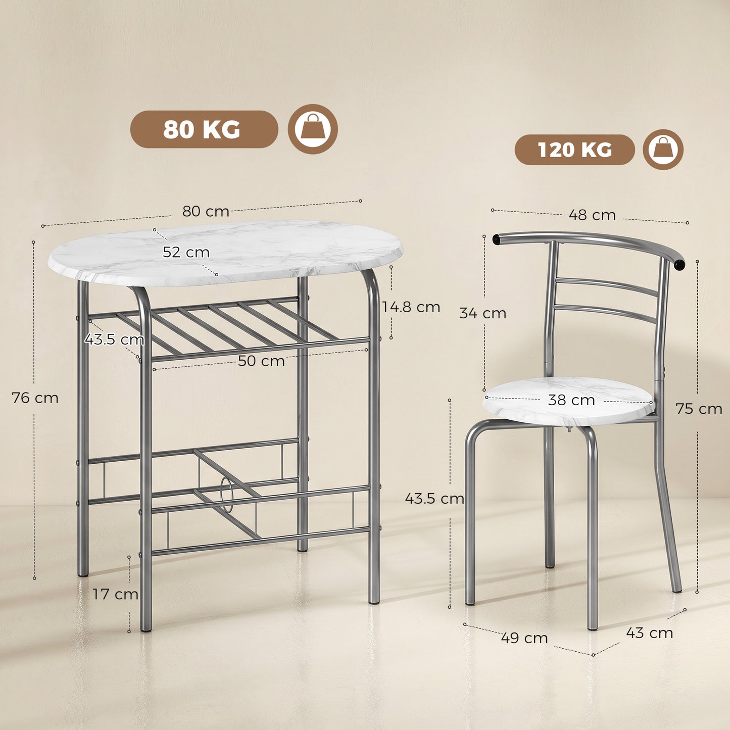 Dining Table and Chairs Set 3, Breakfast Bar Table and 2 Chairs with Storage Shelf, Marble-Effect Tabletop, Metal Frame, Dining Room Set for Living Room, Small Space, White
