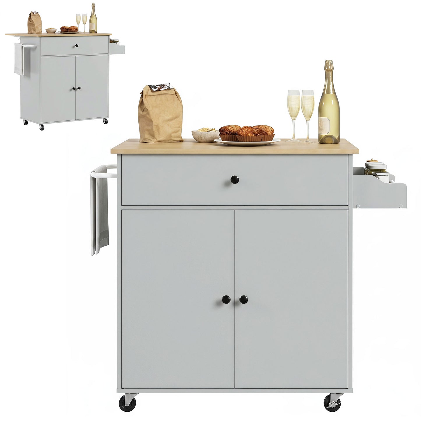 Kitchen Island with Drop Leaf, Rolling Kitchen Storage Trolley, Grey