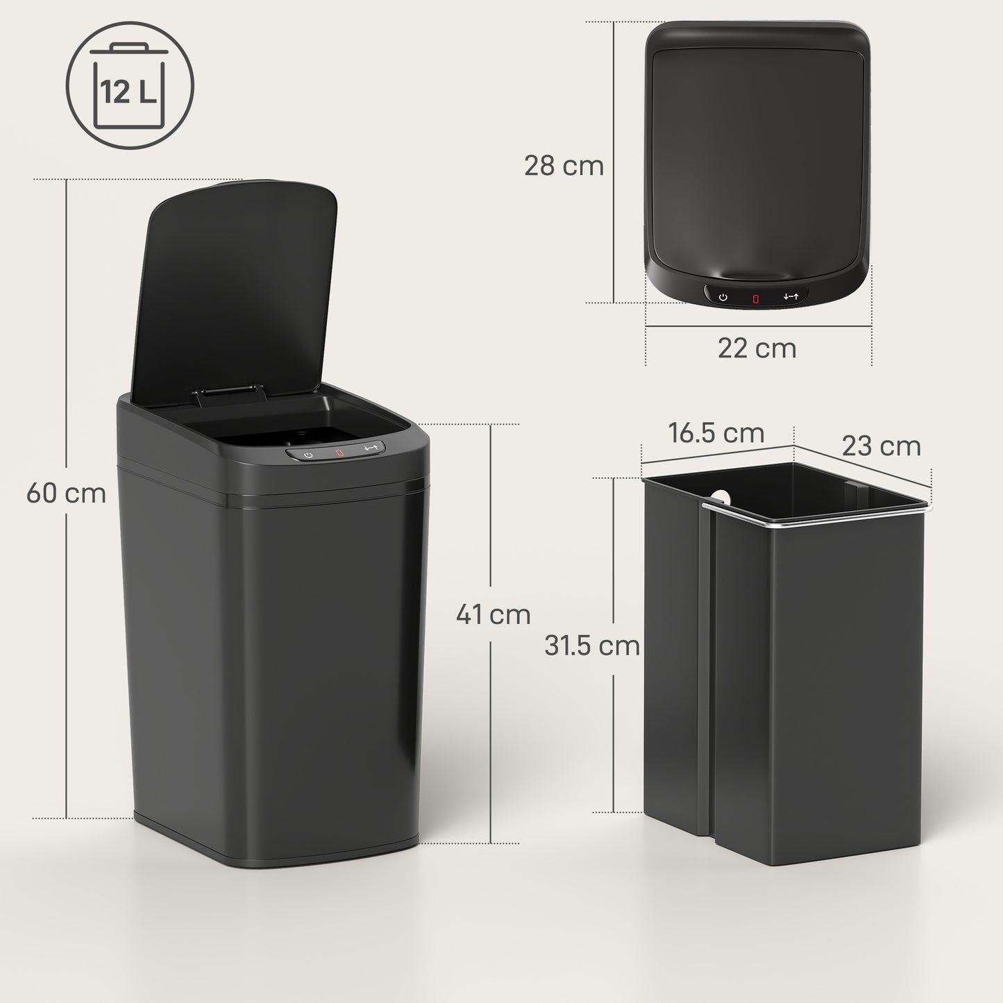 12L Sensor Bin, Automatic Touchless Motion Sensor Kitchen Bin, Black
