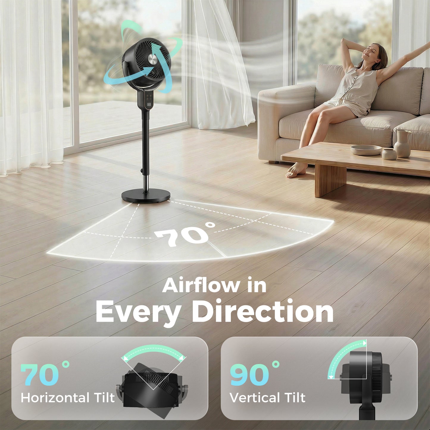 20 dB Silent Standing Fan for Bedroom, 42" Pedestal Fan with 70° Oscillating, 90° Vertical Tilt, 8 Speeds, Remote Control, 12H Timer, Adjustable Height, Child Lock, Black