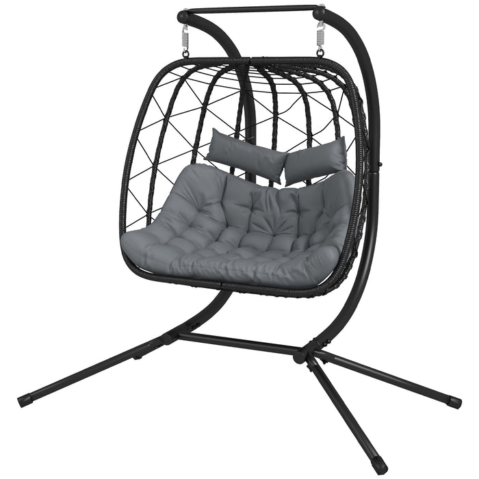 Outdoor PE Rattan Double-seater Swing Chair w/ Thick Padded Cushion, Patio Hanging Chair for 2 w/ Metal Stand, Headrest, Black