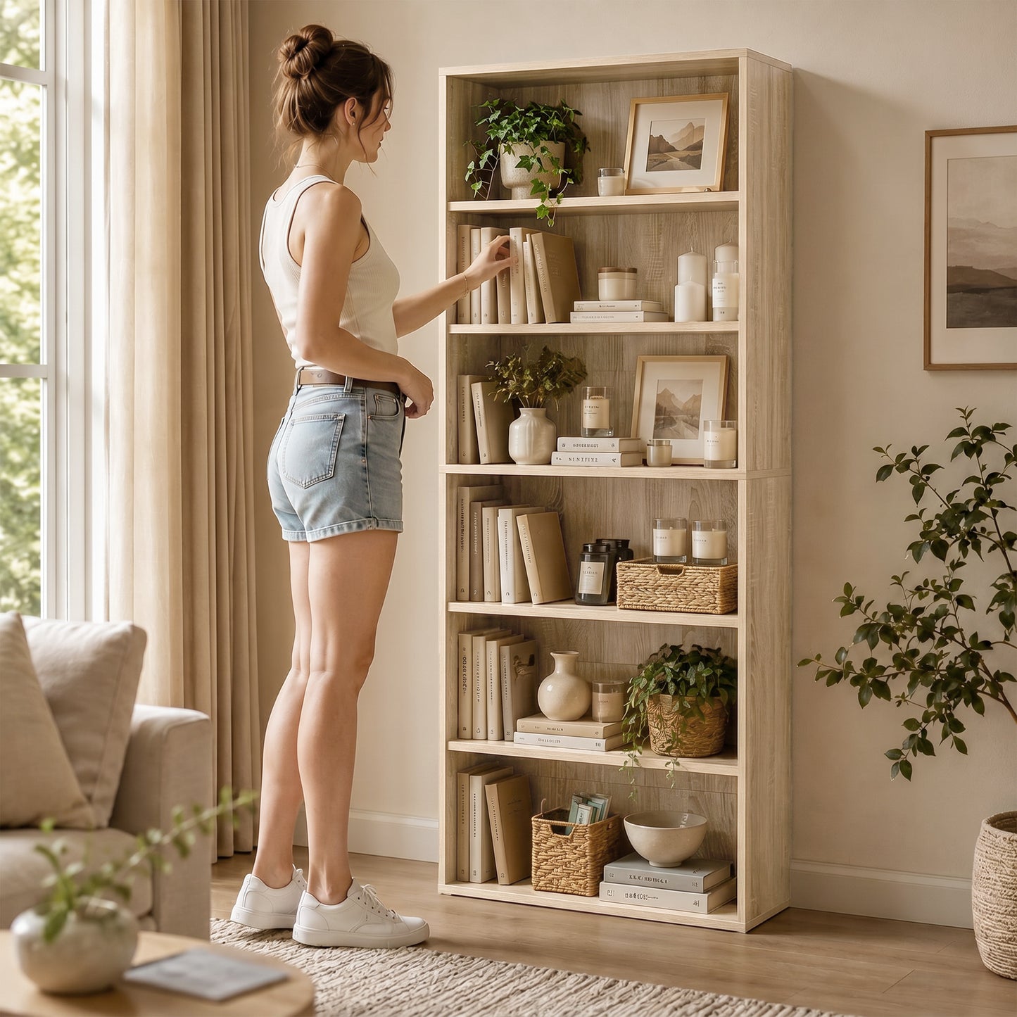6 Tier Bookcase, Freestanding Bookshelf with Adjustable Shelves, Oak