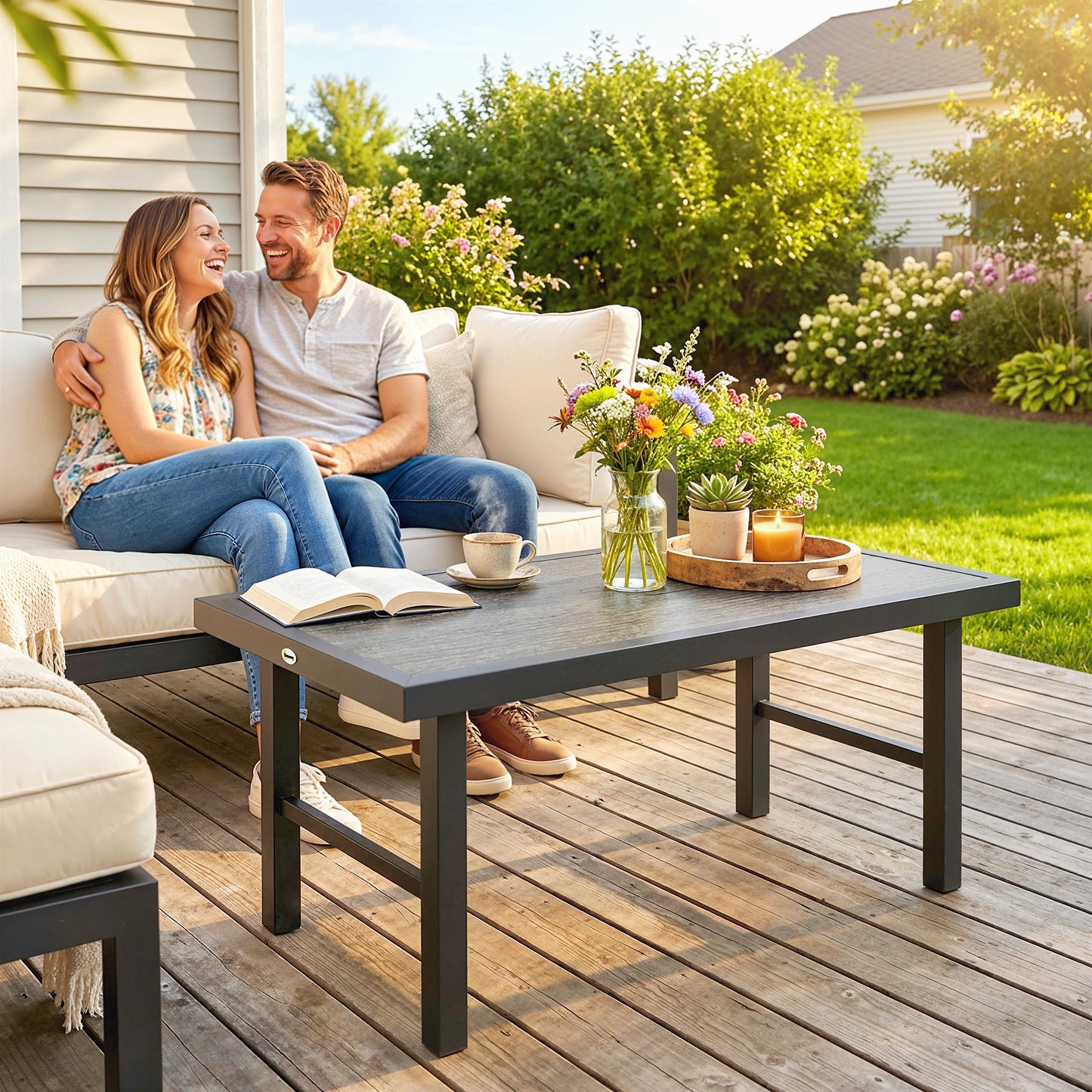 Garden Coffee Table with SPC Woodgrain Tabletop, Dark Grey