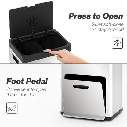 3 Compartment Kitchen Bin, 56L Stainless Steel Pedal Bin with Wheels