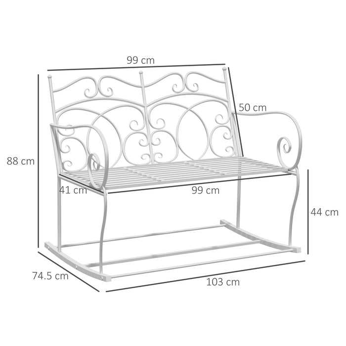 Patio 2 Seater Rocking Bench Steel Garden Outdoor Garden Loveseat Chair w/ Decorative Backrest White