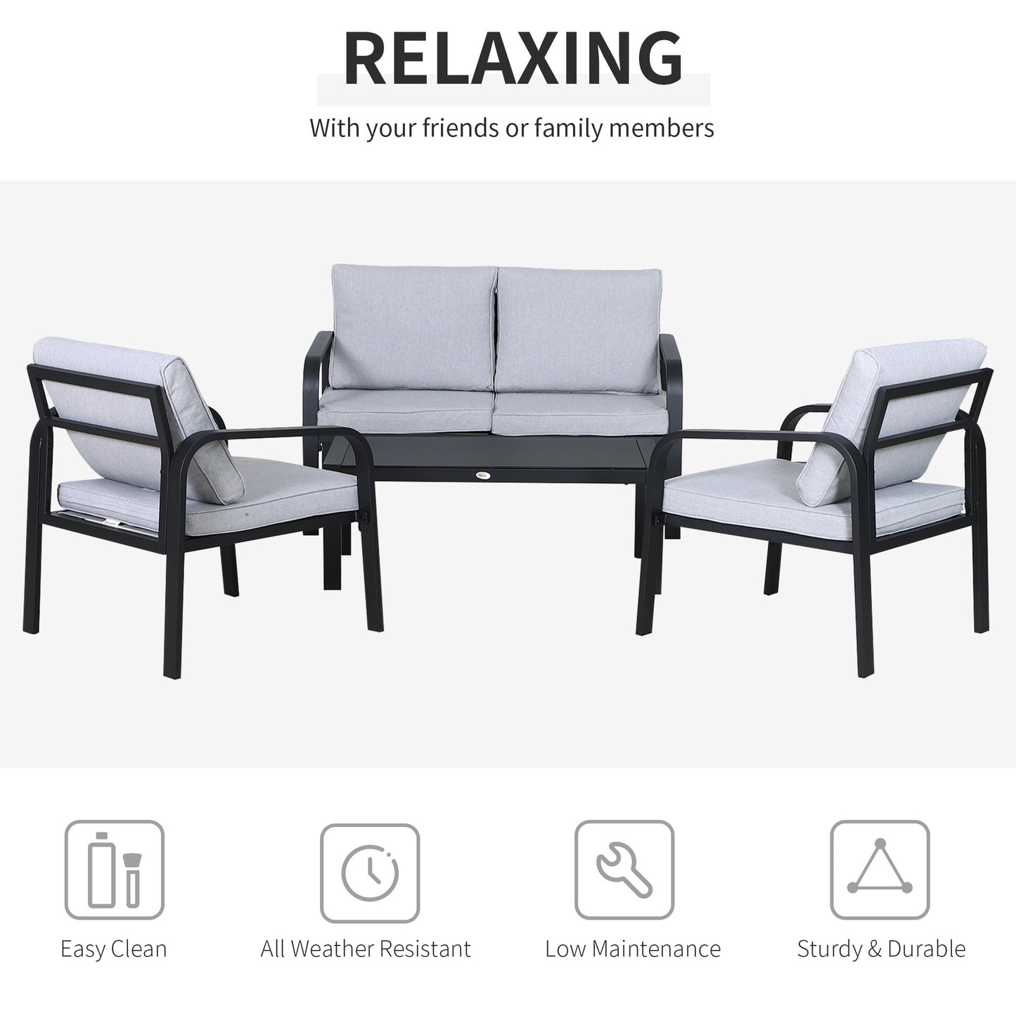 4pcs Garden Sectional Loveseat Chairs Table Furniture w/ Cushion, Black