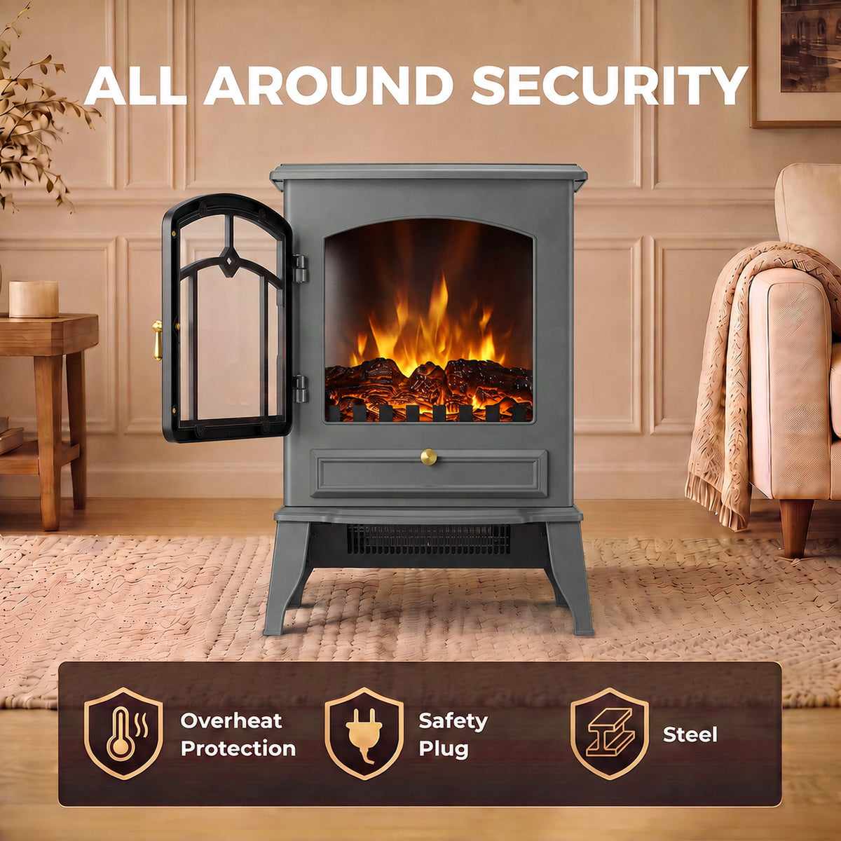 2000W Freestanding Electric Stove with 3-Sided Log Flame Effect - Grey