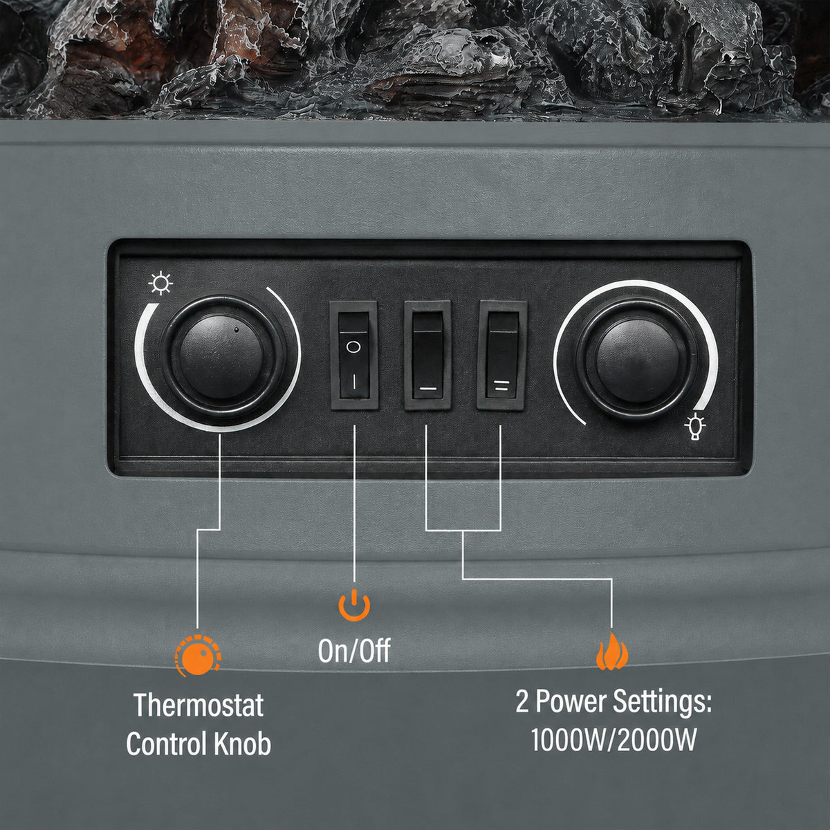 2000W Freestanding Electric Stove with 3-Sided Log Flame Effect - Grey