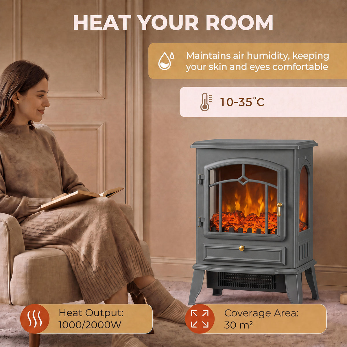 2000W Freestanding Electric Stove with 3-Sided Log Flame Effect - Grey