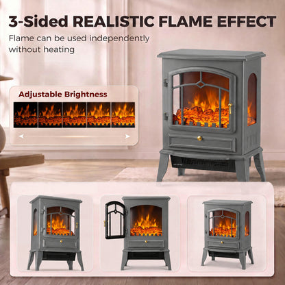 2000W Freestanding Electric Stove with 3-Sided Log Flame Effect - Grey