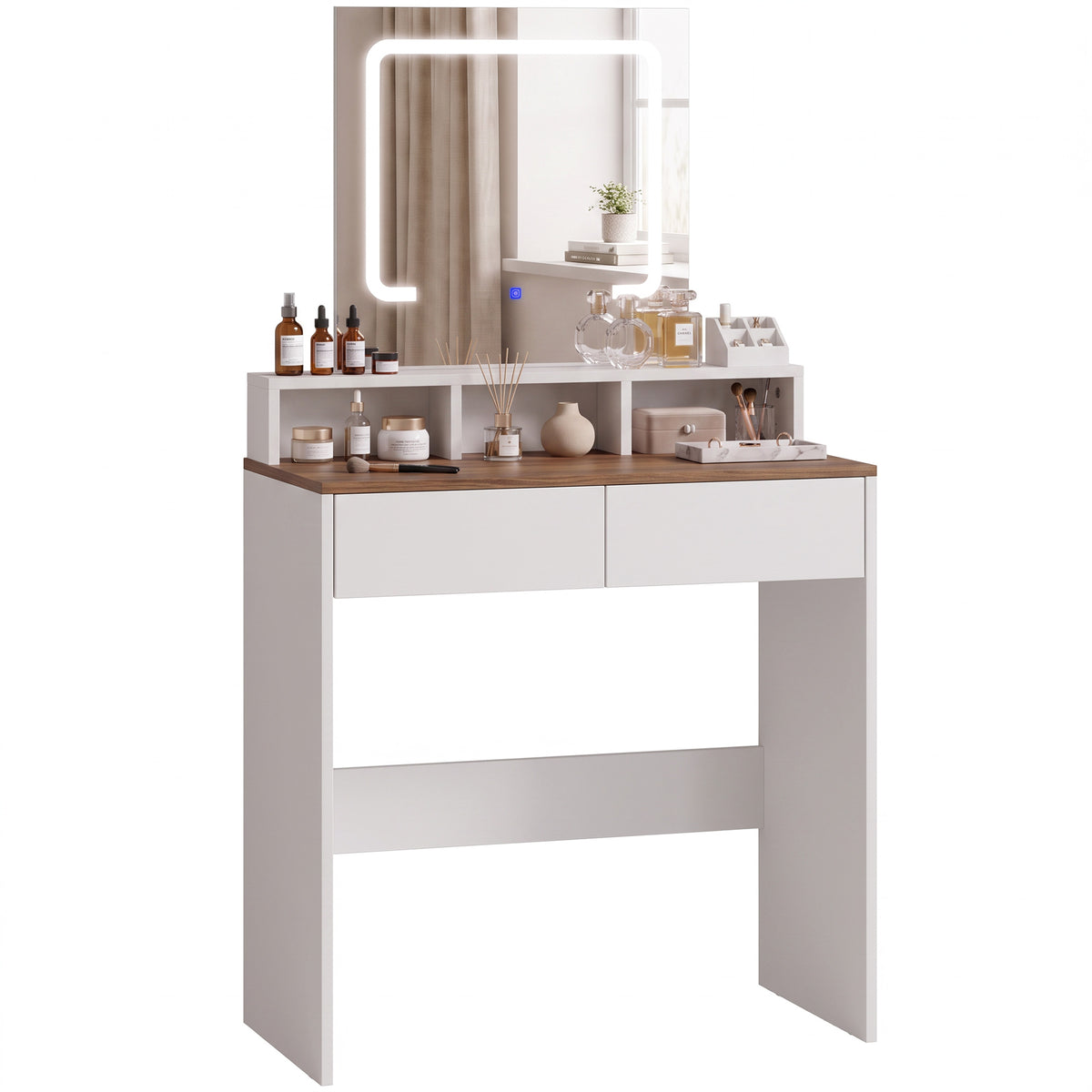 Dressing Table with Mirror, LED Lights, Drawers, for Bedroom, Walnut