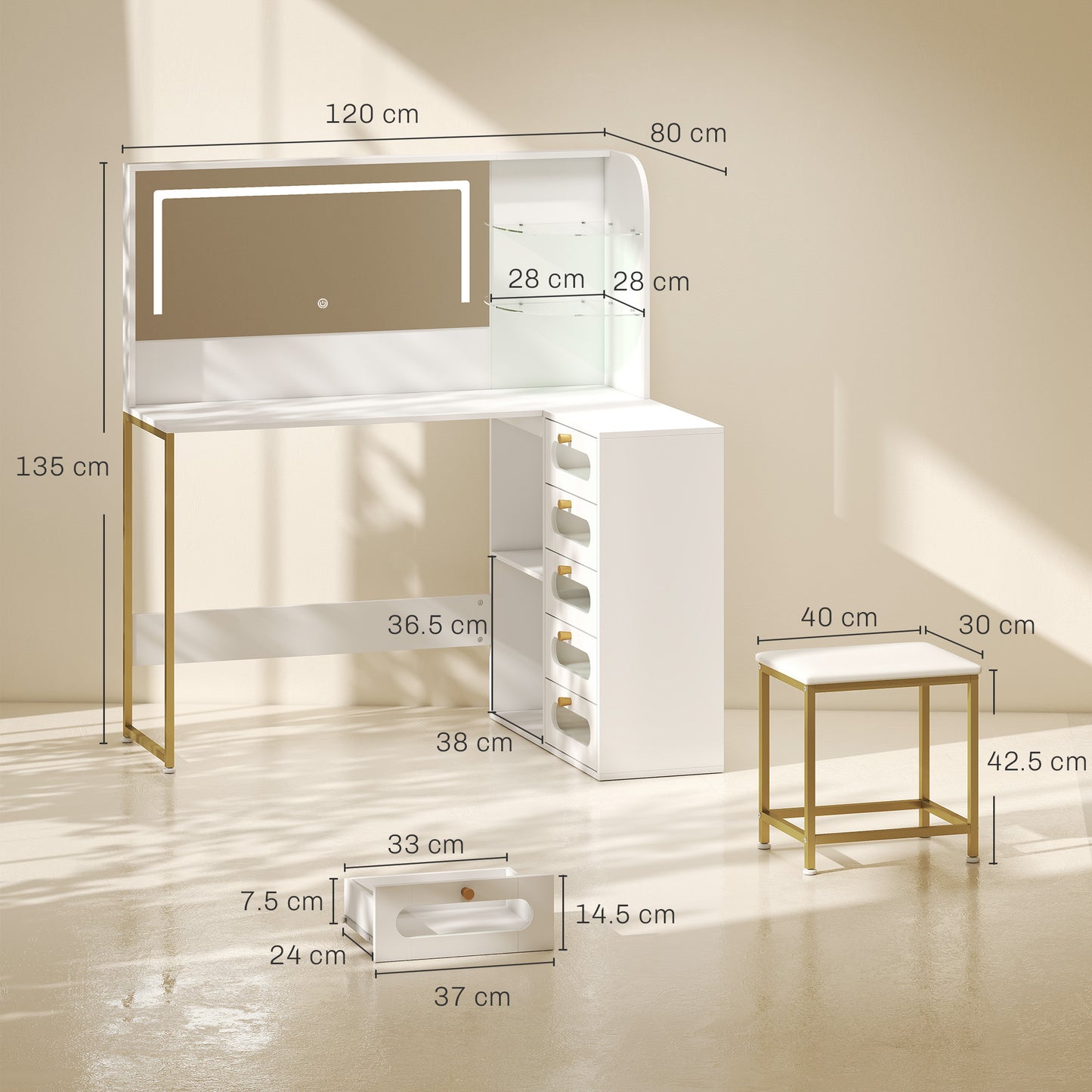 Dressing Table with LED Mirror and Stool, Drawers, Vanity Desk, White