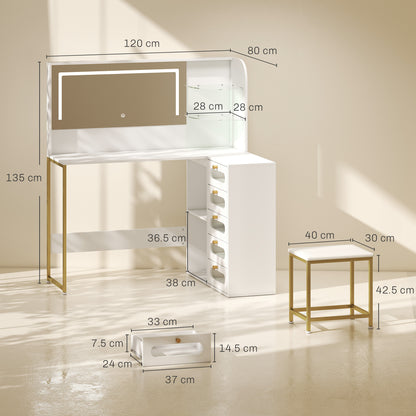 Dressing Table with LED Mirror and Stool, Drawers, Vanity Desk, White