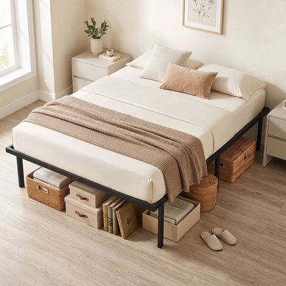 4ft6 Double Bed Frame with Underbed Storage, 35.5 cm Height, Metal Platform Bed Frame with Steel Slat Support, Noise-Free, No Box Spring Needed, Easy Assembly, Black
