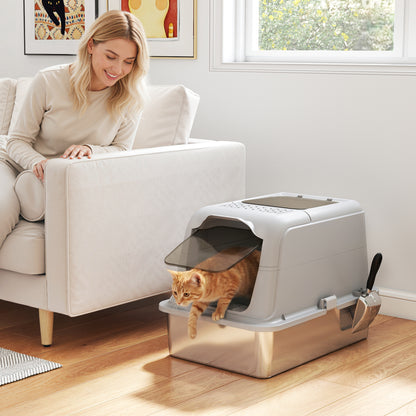 Stainless Steel Litter Box, Enclosed Metal Litter Tray with Scoop