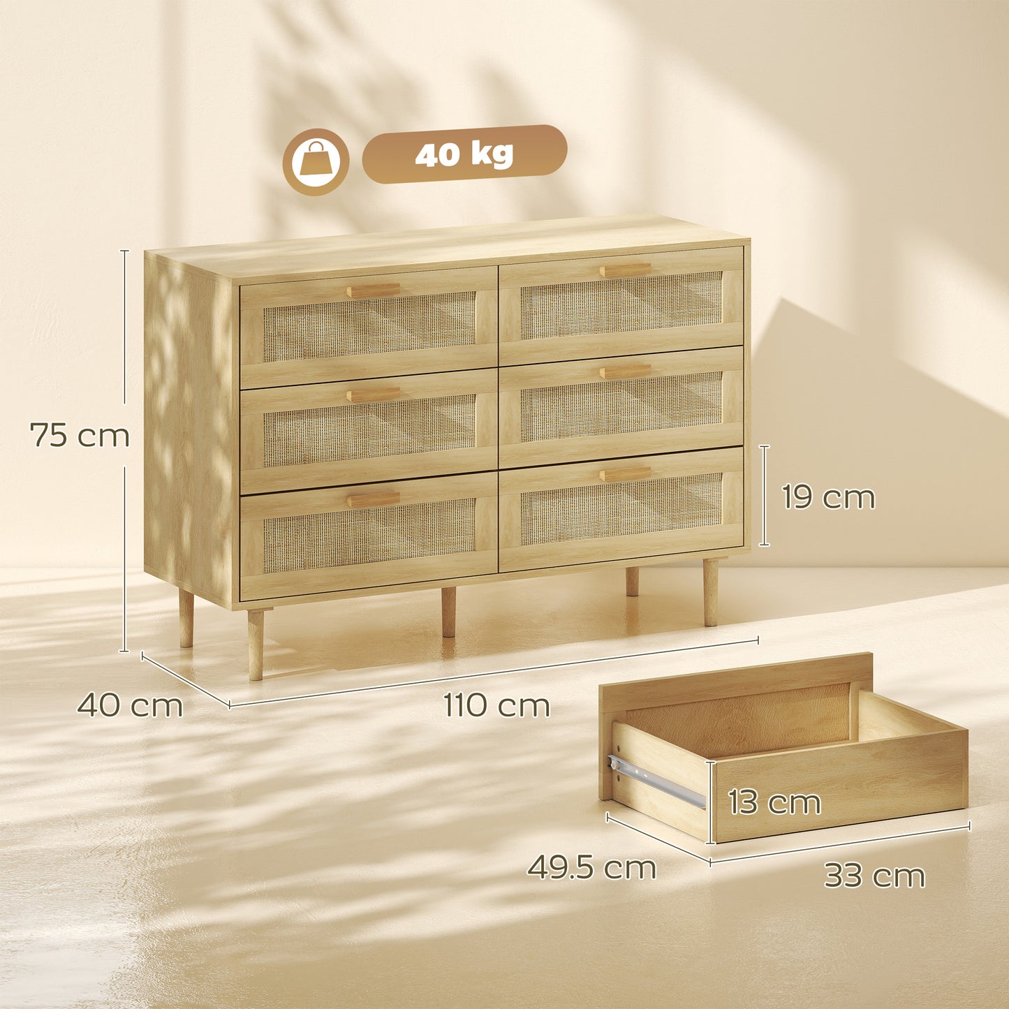 Chest of Drawers, 6 Drawer Dresser, Bohemian Storage Cabinet with Rattan Element for Bedroom, Living Room, Oak