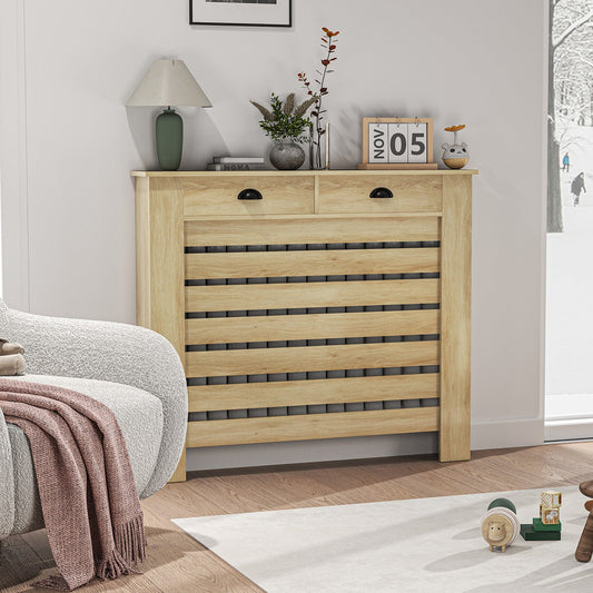 Radiator Cover with Drawer, Horizontal Slat, 111cm, Oak