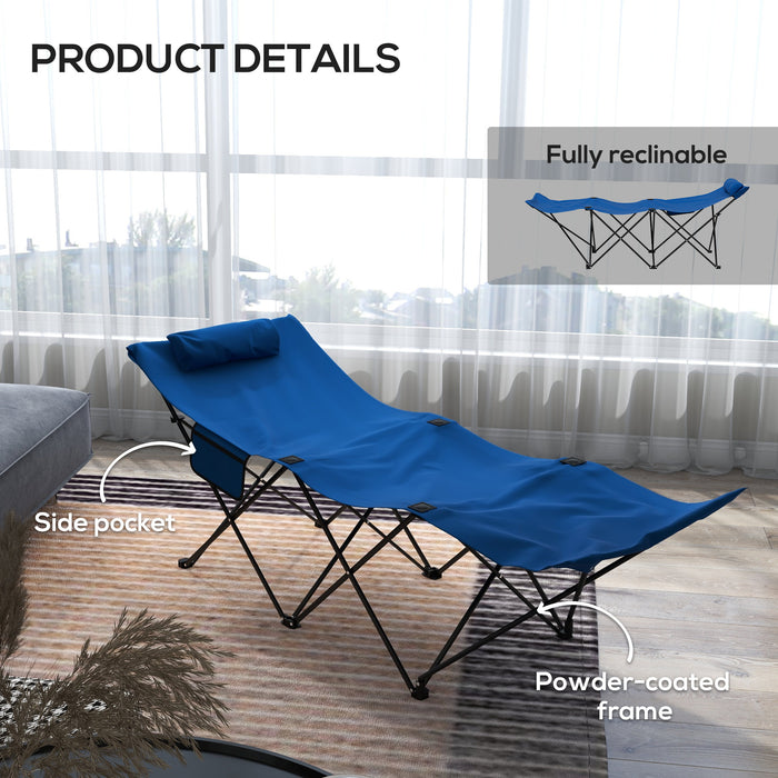 Foldable Sun Lounger, Outdoor Tanning Sun Lounger Chair with Side Pocket, Headrest, Oxford Seat, for Beach, Yard, Patio, Blue