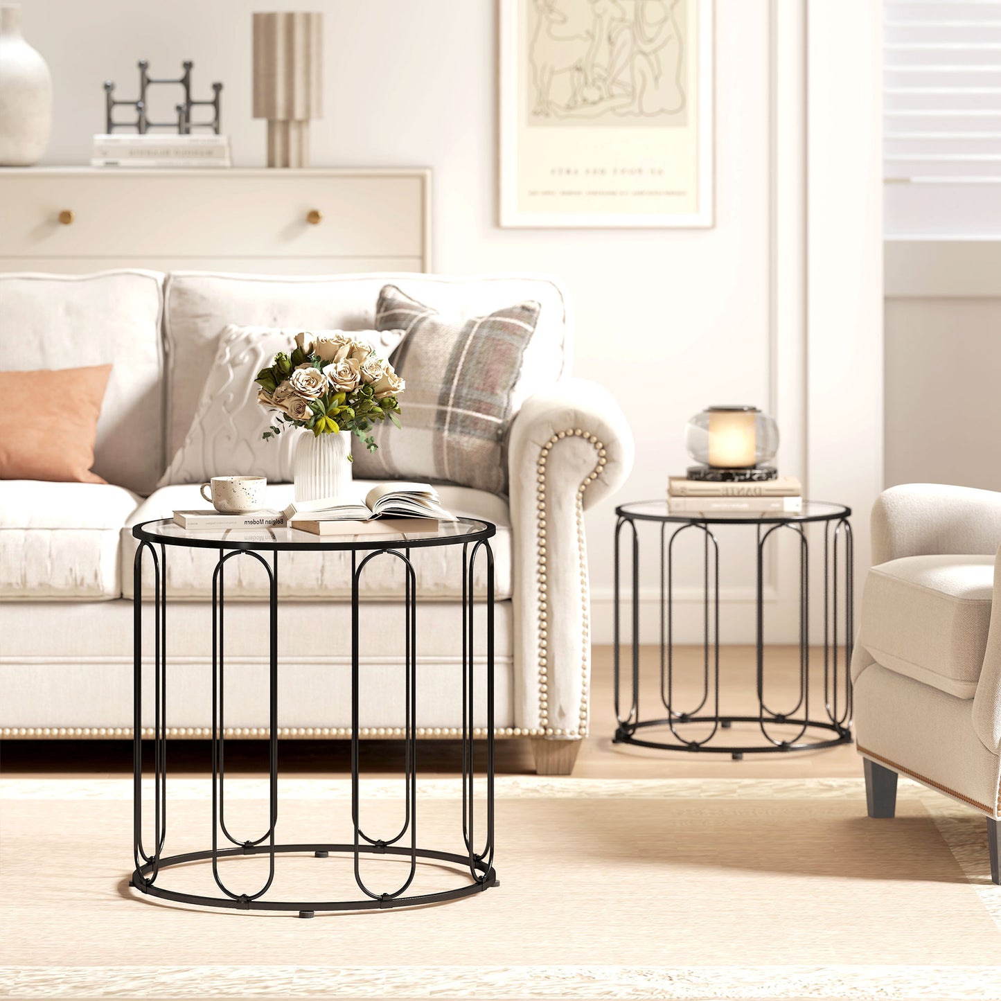 Coffee Table Set of 2, Nest of Tables with Metal Frame, Black