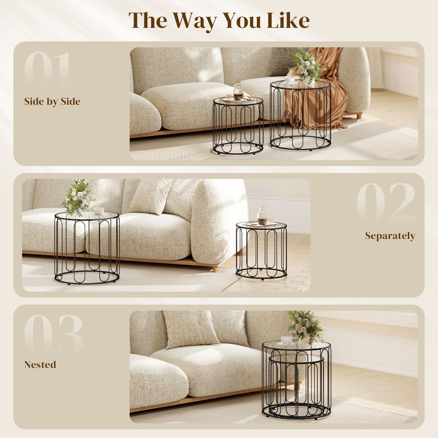 Coffee Table Set of 2, Nest of Tables with Metal Frame, Black