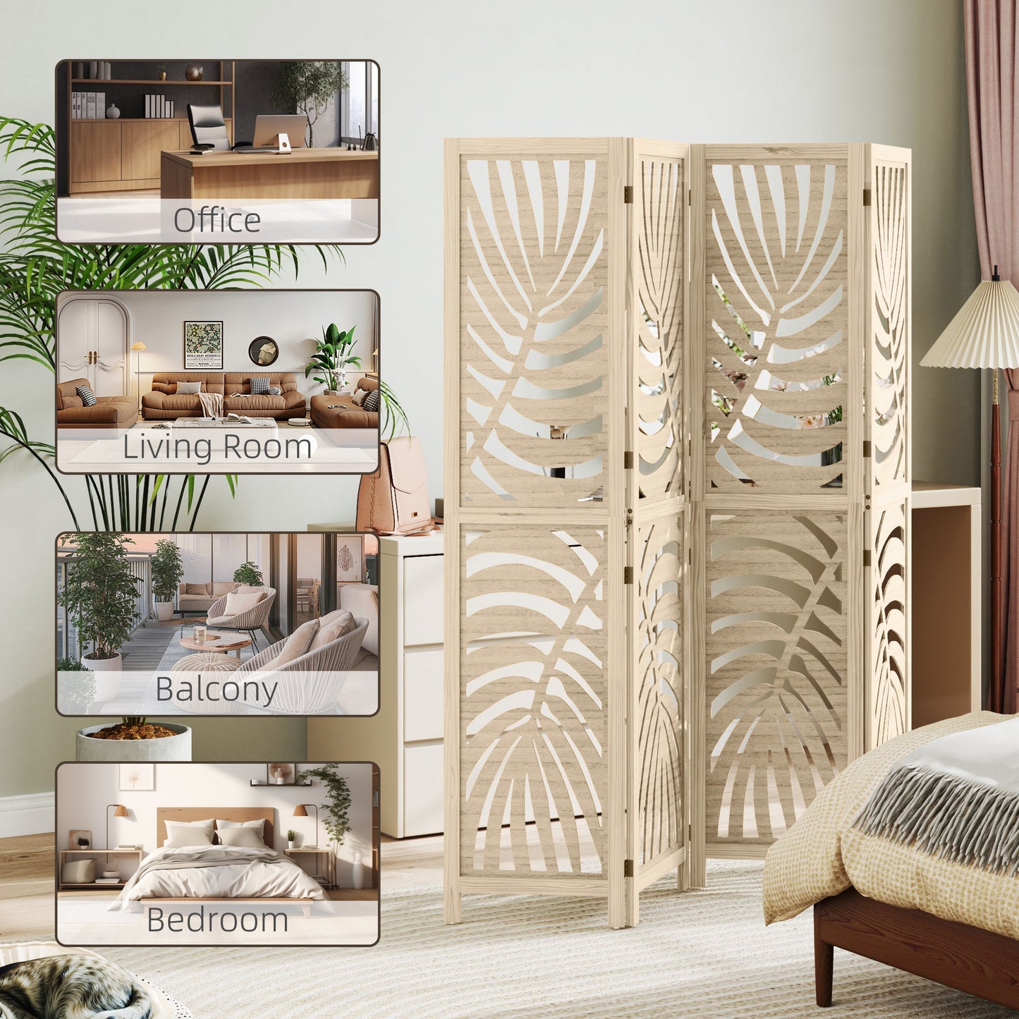 4 Panel Privacy Screens with Palm Leaf Design, Natural Wood Finish
