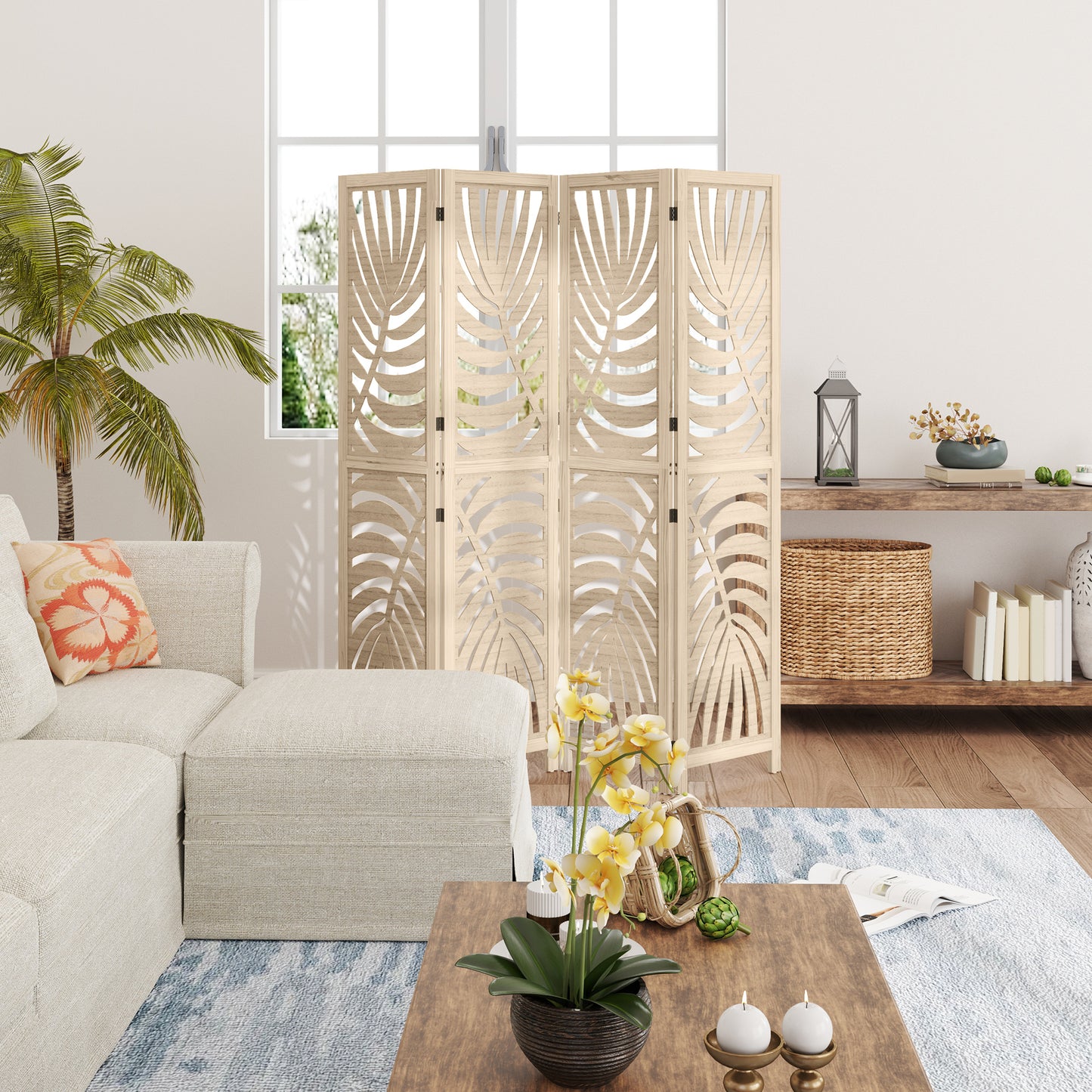 4 Panel Privacy Screens with Palm Leaf Design, Natural Wood Finish