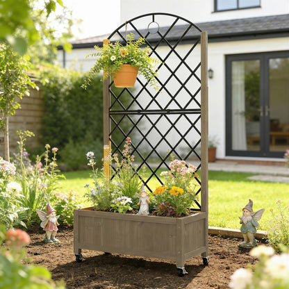 Garden Bed w/Metal Trellis, Wooden Elevated Planter Box Carbonised