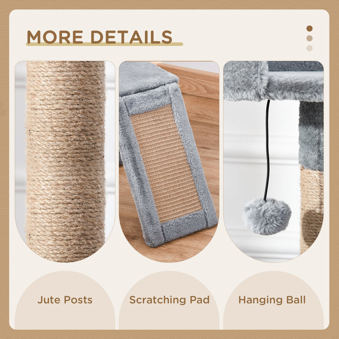 Cat Tree Tower 142cm Climbing Kitten Activity Center with Jute Scratching Post Board Perch Roomy Condo Removable Felt Hanging Toy, Grey