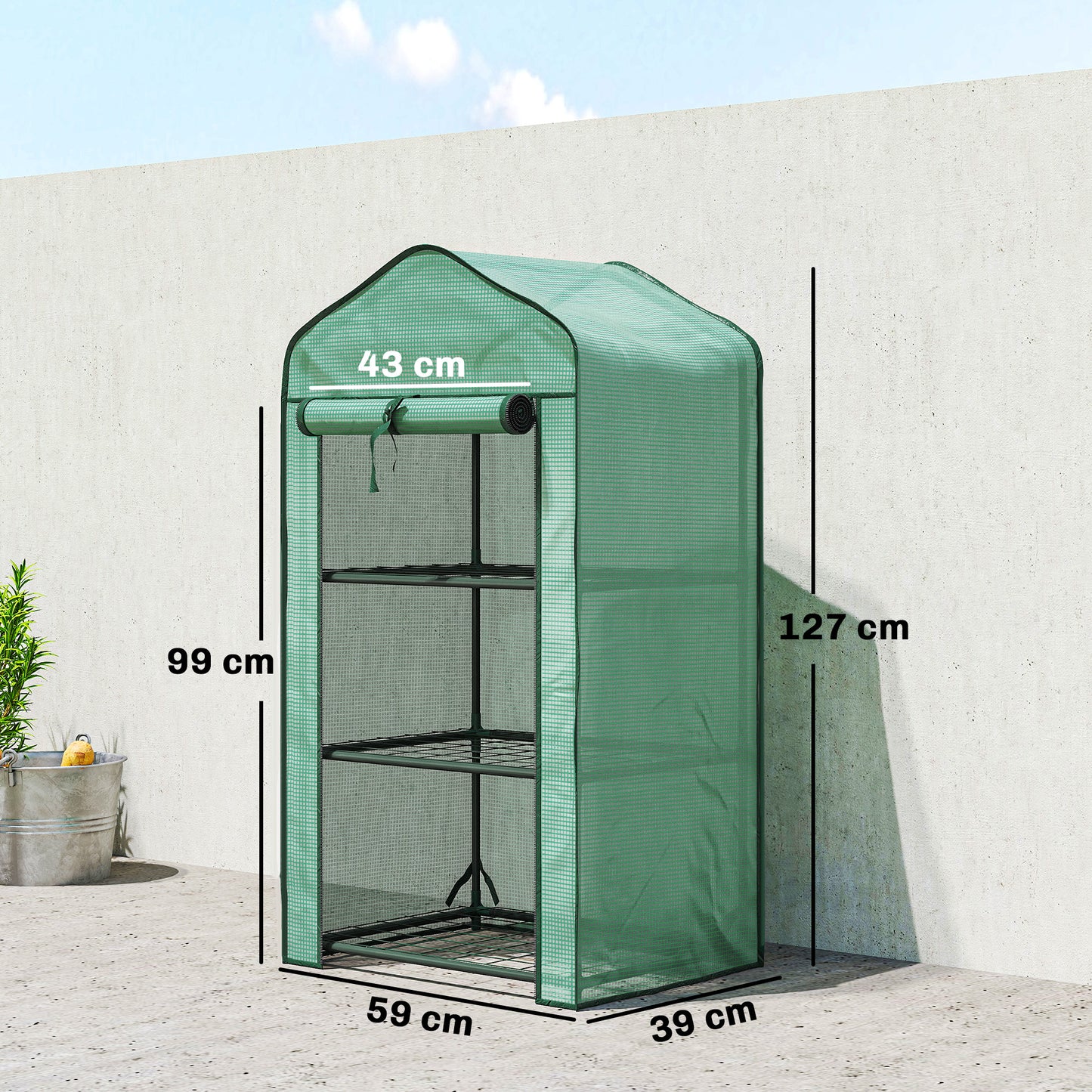 Portable Mini Greenhouse with Roll-up Door and Wire Shelves, Green