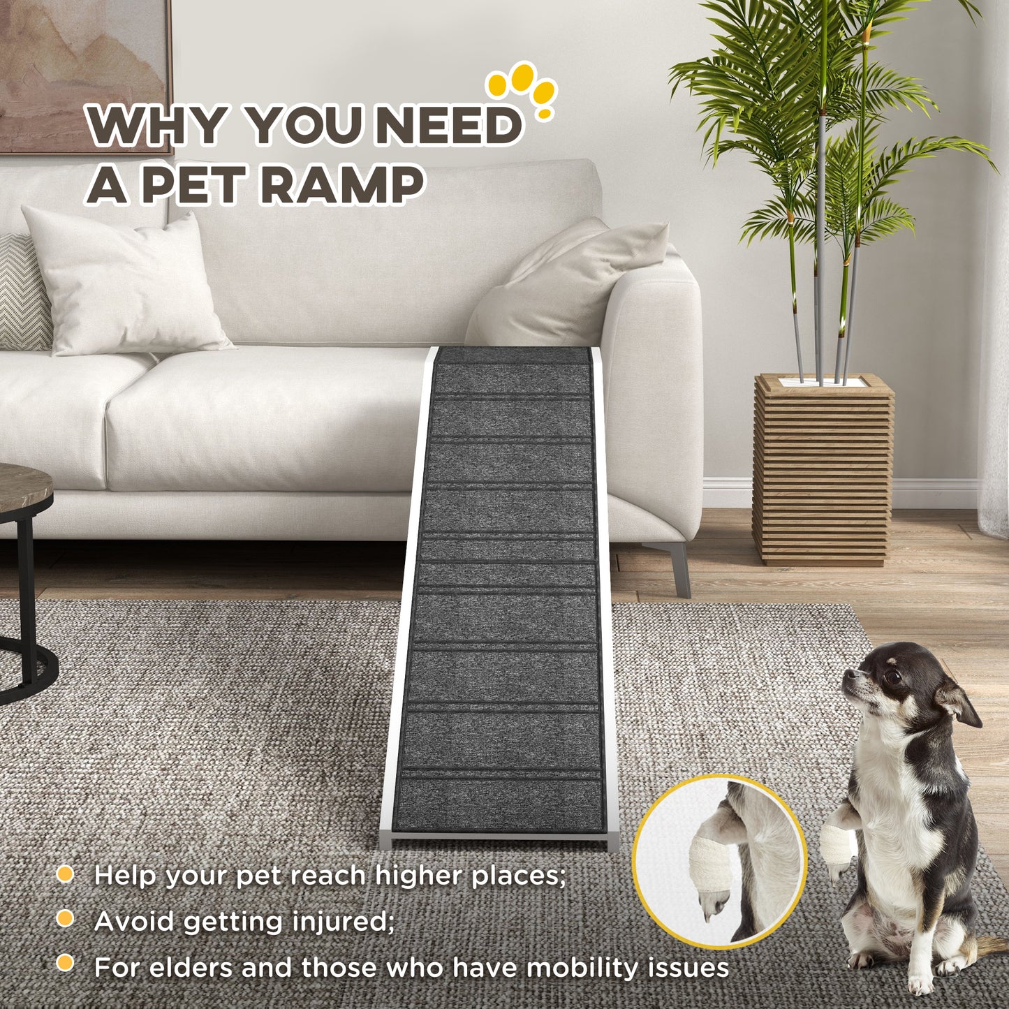 Pet Ramp for Dogs Cats with Non-Slip Carpet for Bed Sofa, White