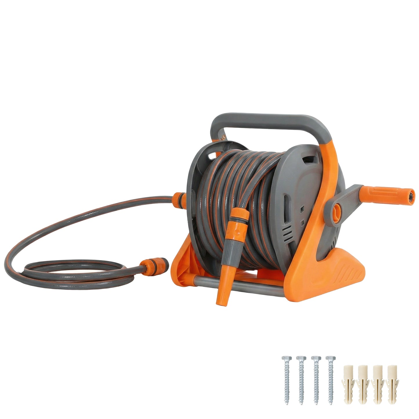 Portable Garden Hose Reel, 20+2 m Wall-Mounted Hose Reel with 2 Patterns Spray Nozzle, Compact with Crank Handle for Garage Car Cleaning Watering, Orange