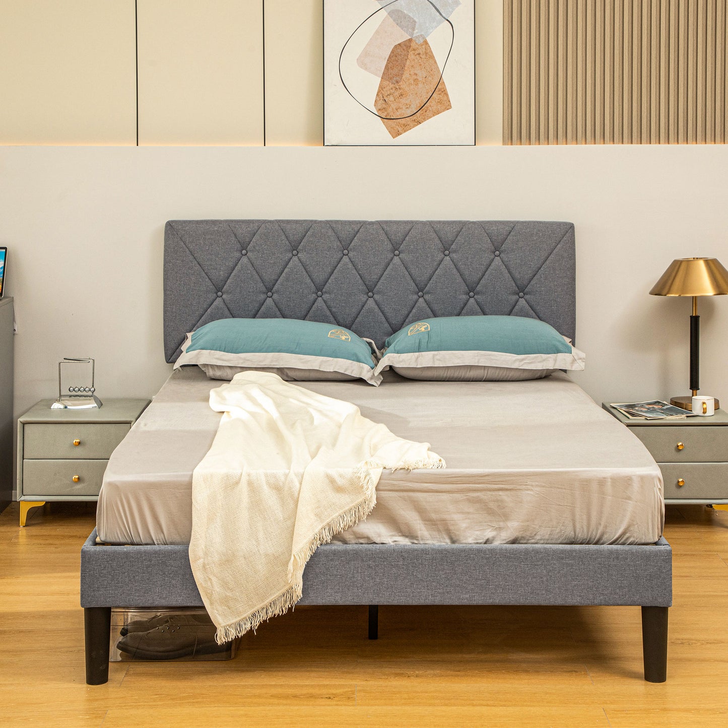 King Size Bed Frame with 5-Level Adjustable Linen Headboard