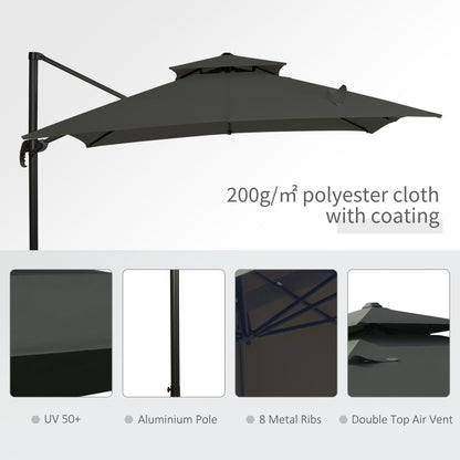 Cantilever Garden Parasol with Tilt, Rotation, Fillable Base Weights and Cover - Dark Grey
