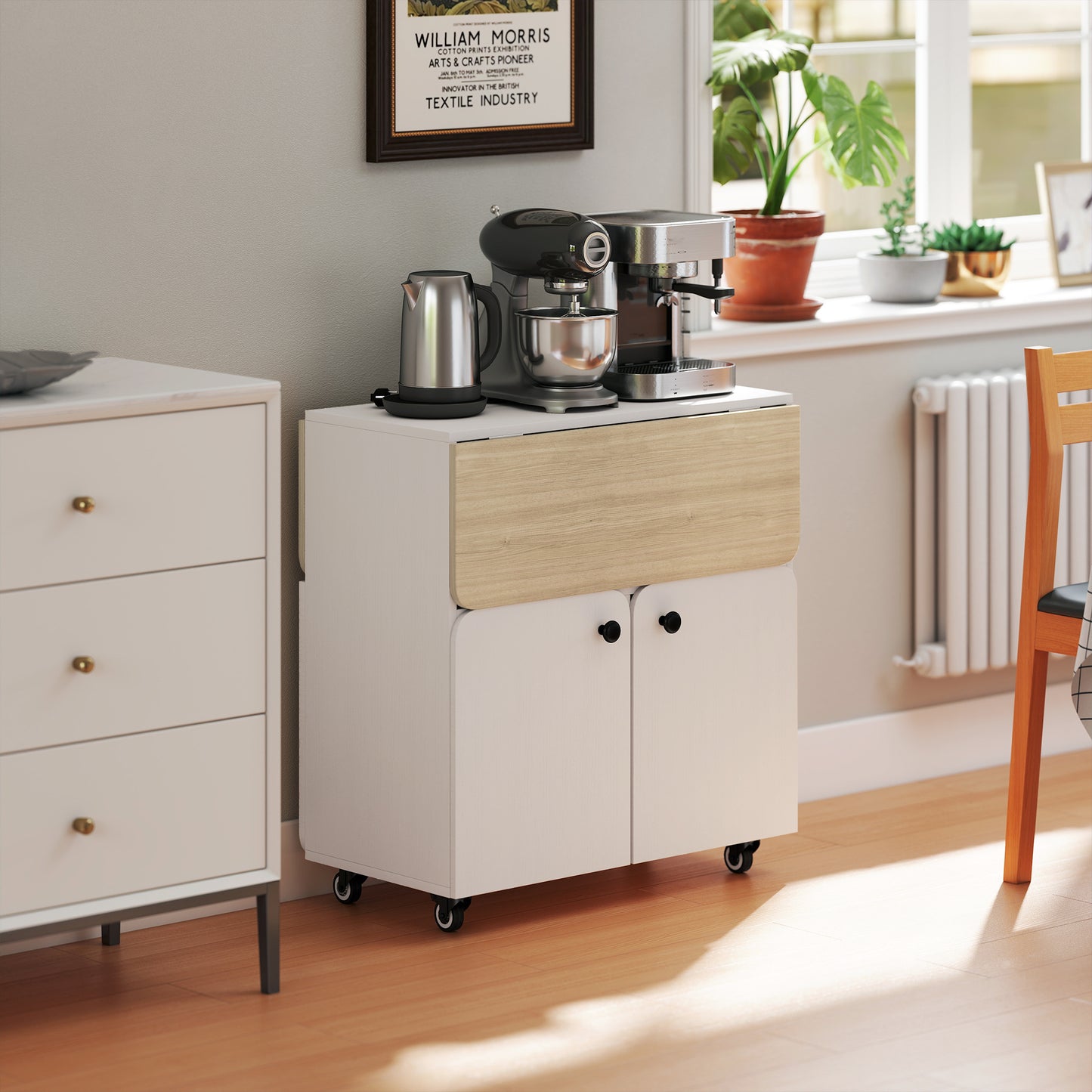 Folding Dining Table, Rolling Drop Leaf Table with Hidden Shelf