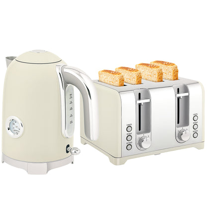 3000W 1.7L Kettle with Retro Thermometer, 4 Slice Toaster Set, Grey