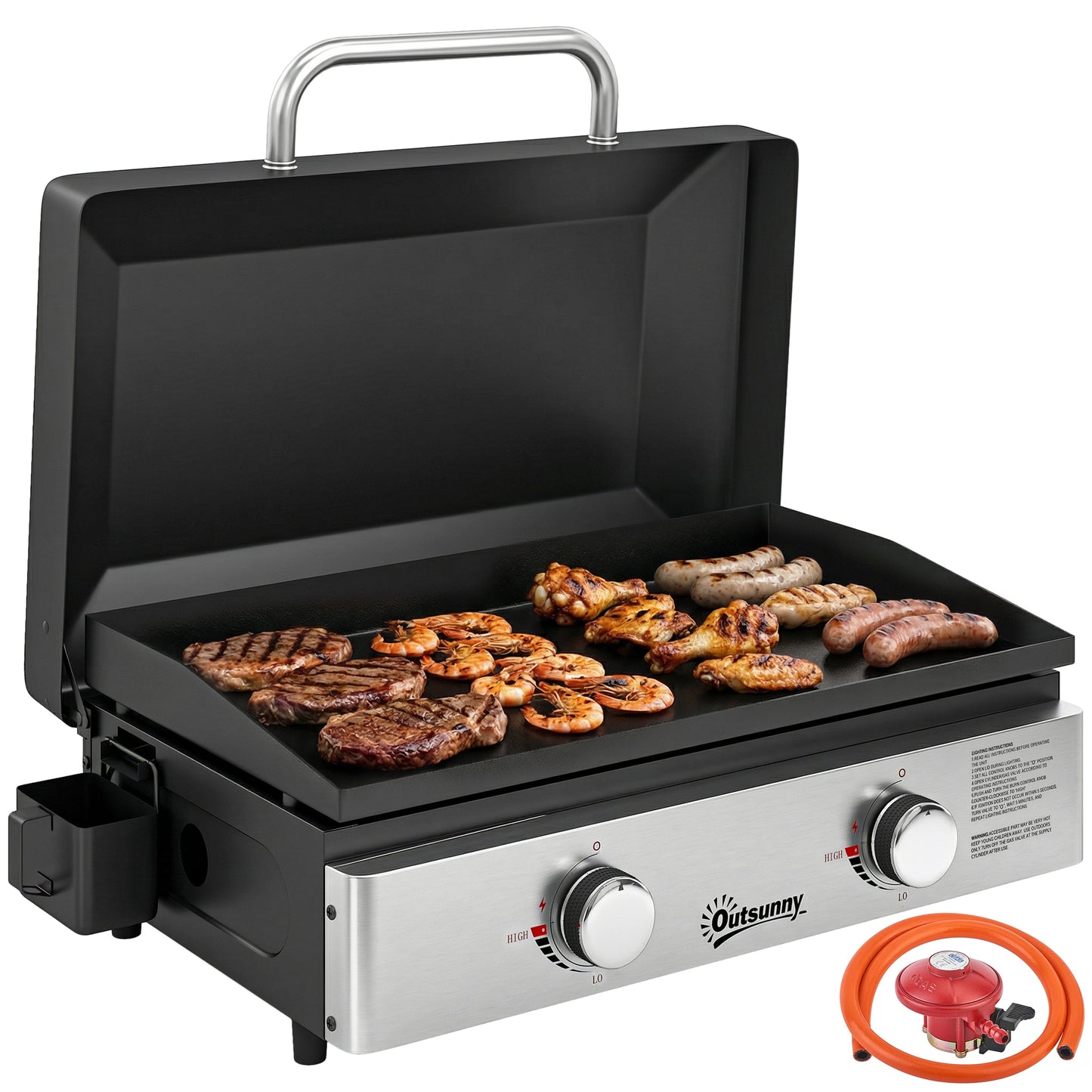 2 Burner Grill Griddle, Tabletop Gas BBQ with Grease Cup, Black