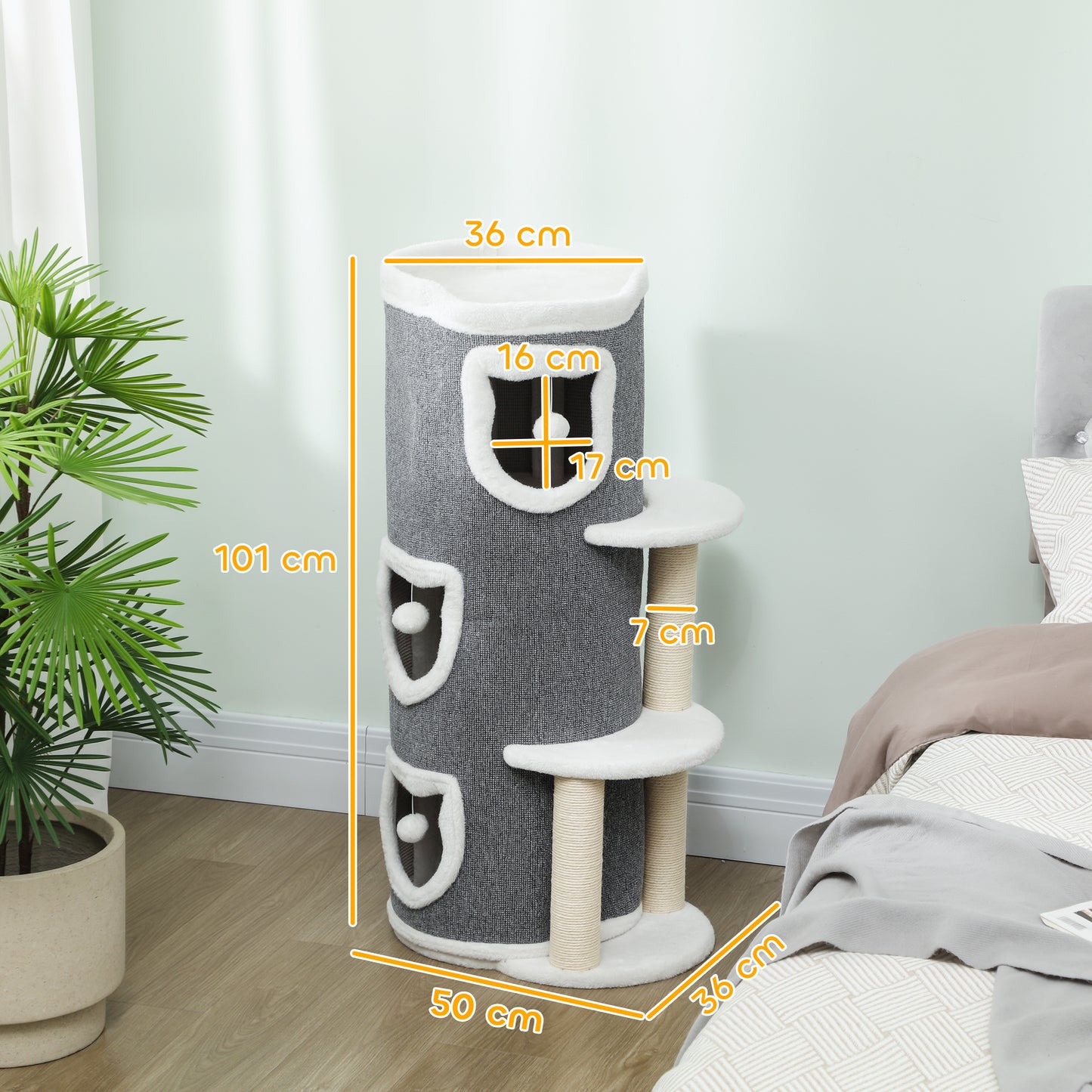 101 cm Cat Tree, 3-Tier Cat Barrel Cave Kitten Bed for Indoor, Kitty Tower House with 3 Condos, Sisal Scratching Posts, Jumping Platform, Grey