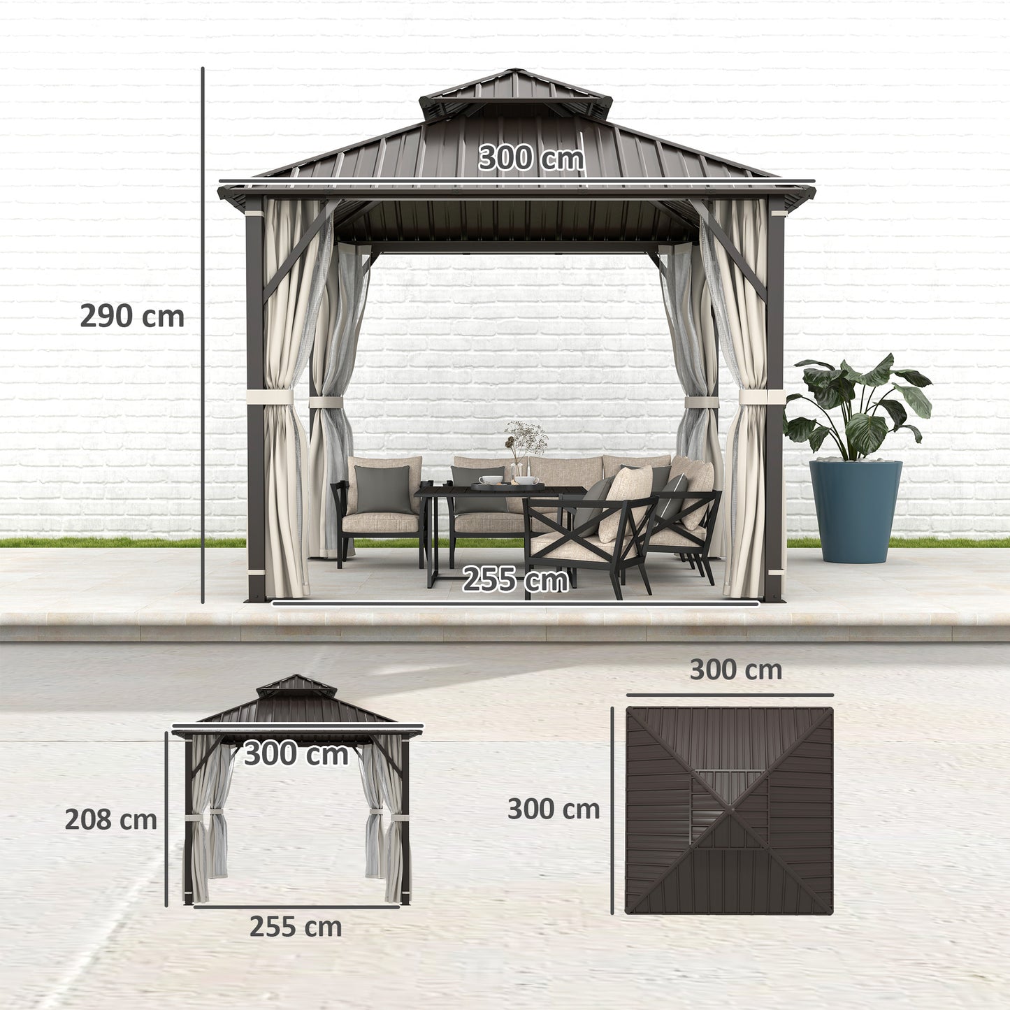 3 x 3(m) Hardtop Gazebo with Metal Roof, Netting and Curtains